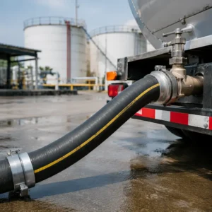 Manguera de descarga de petróleo conectada a camión cisterna en planta industrial para transferencia de combustibles