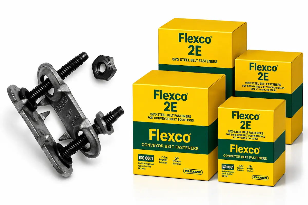 Sujetadores Flexco 2E para fajas transportadoras industriales en minería y transporte de materiales
