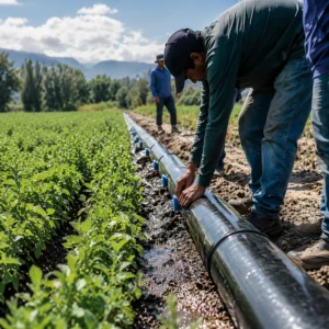 Sistema de riego superficial con manga de polietileno en campo agrícola, distribución de agua por surcos para cultivo con método eficiente y económico