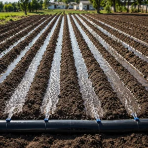 Riego agrícola por surcos con manga de polietileno distribuyendo agua de forma uniforme en cultivo, sistema eficiente de riego superficial en campo
