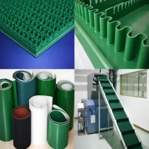 Bandas transportadoras de PVC verde en diferentes presentaciones, con superficie corrugada y sistemas de transporte industrial en funcionamiento