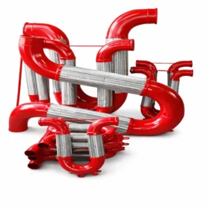 Juntas de dilatación tipo Omega de acero inoxidable con recubrimiento rojo y trenzado metálico flexible sobre fondo blanco para uso industrial