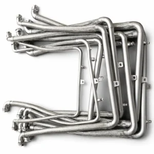Juntas antisísmicas tipo U de acero inoxidable con mangueras flexibles trenzadas, utilizadas para absorber vibraciones y movimientos en sistemas de tuberías industriales