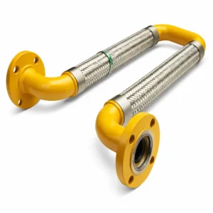 Junta flexible para gas con conexiones bridadas y manguera metálica de acero inoxidable, diseñada para absorber vibraciones en sistemas de gas industrial