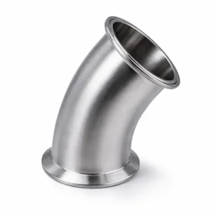 Codo de 45 grados clamp de acero inoxidable para sistemas de tuberías sanitarias en industrias alimentarias, farmacéuticas y de bebidas.
