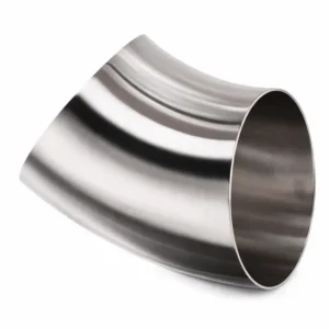 Codo de 45 grados de acero inoxidable pulido para tuberías industriales, diseñado para conducción de fluidos con alta resistencia y acabado sanitario