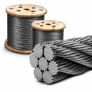 Cable de acero tipo ballena enrollado en carrete de madera, alta resistencia para minería y construcción, cable industrial de gran capacidad de carga en fondo blanco