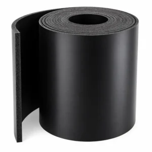 Rollo de plancha de caucho negro industrial de alta resistencia, material flexible para aislamiento y protección, acabado liso en fondo blanco