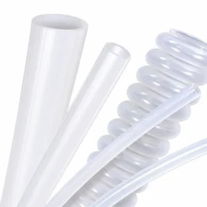 Tubos de PTFE (Teflón) lisos y corrugados de alta calidad, flexibles y resistentes a químicos, presentados en diferentes formas, color blanco translúcido