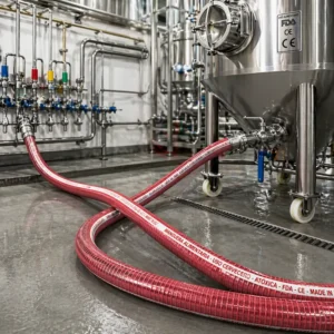 Manguera industrial alimentaria roja conectada a tanque de acero inoxidable en planta de procesamiento, sistema higiénico para transporte de líquidos, entorno industrial limpio y profesional