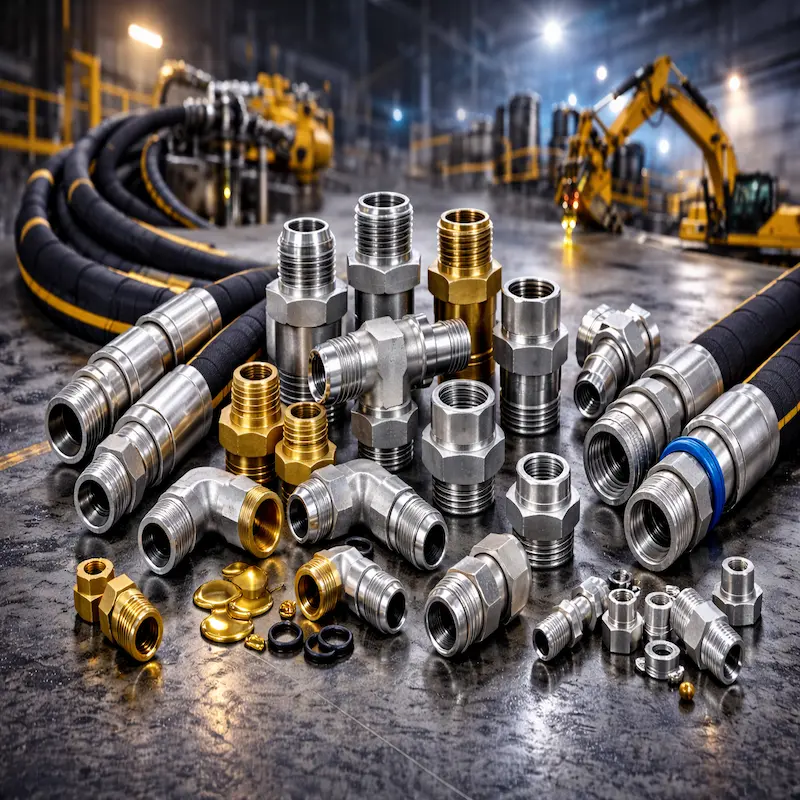 Adaptadores y conexiones hidráulicas industriales utilizados en maquinaria pesada, minería e industria para sistemas hidráulicos de alta presión en Perú.