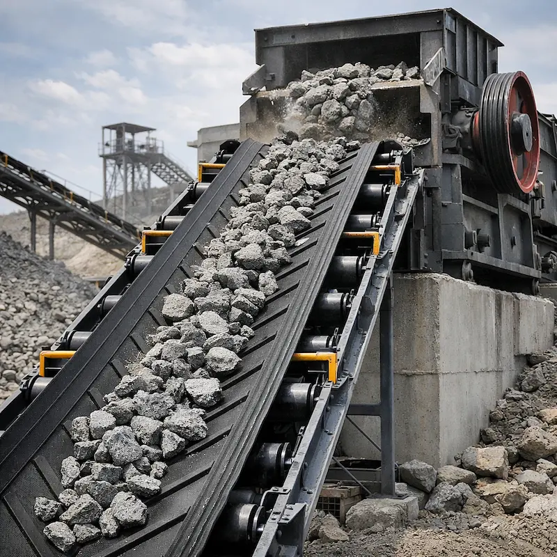Faja transportadora Chevron transportando mineral hacia chancadora en planta minera