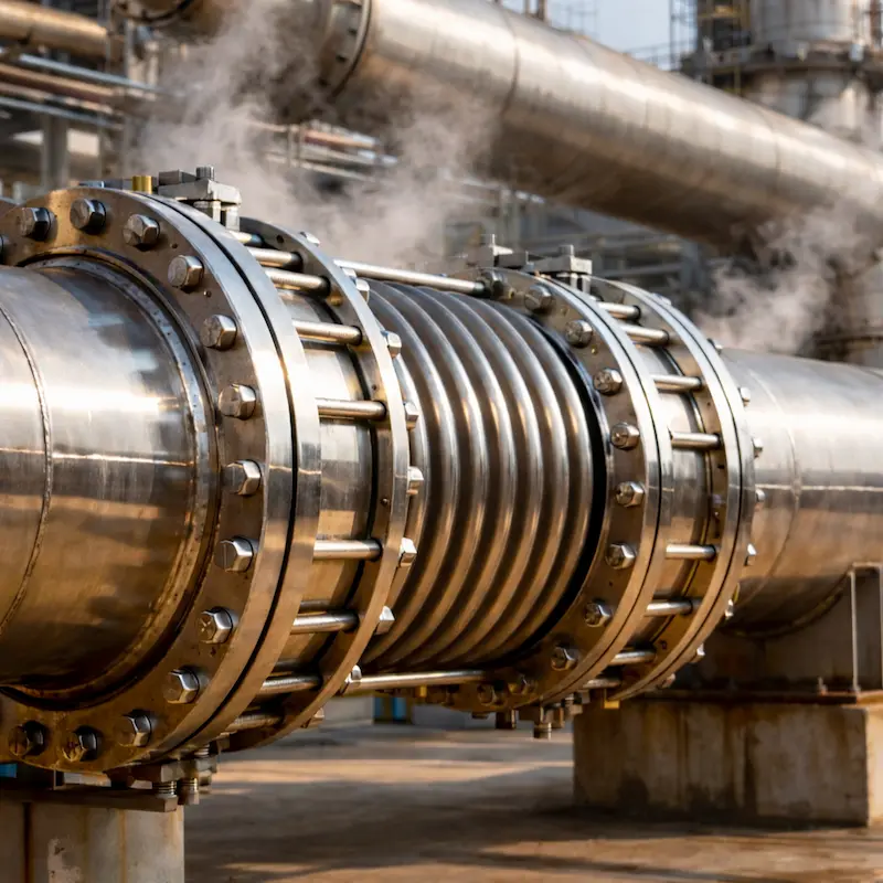 Junta de expansión metálica de acero inoxidable instalada en tubería industrial