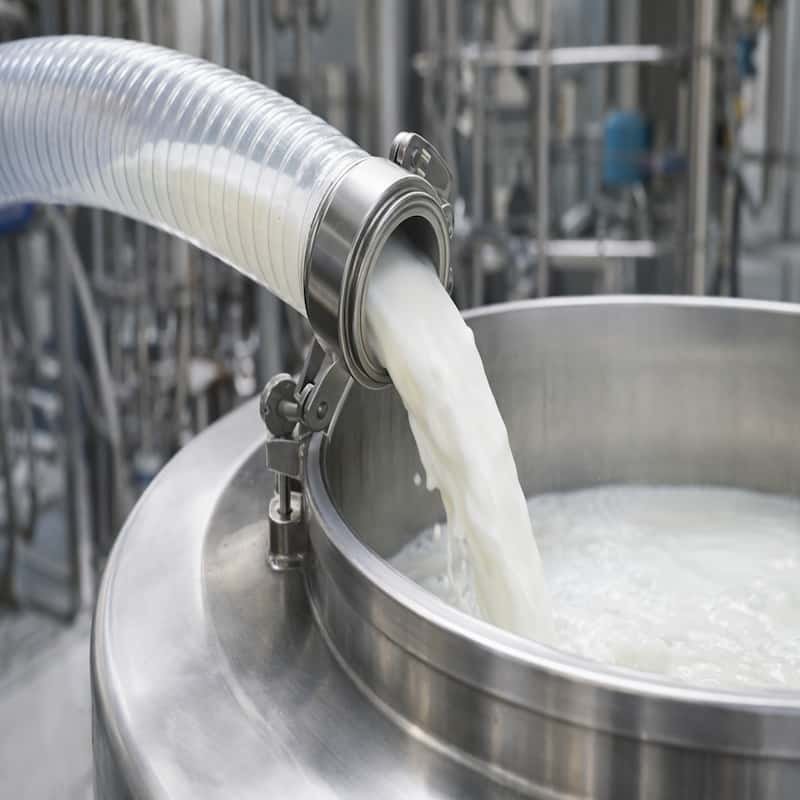 manguera alimentaria transportando leche en tanque de acero inoxidable industria alimentaria