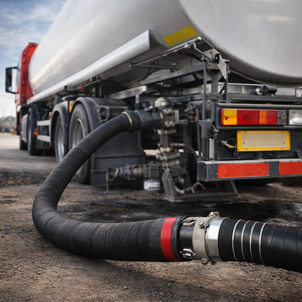 Manguera de combustible conectada a camión cisterna para descarga de diésel y petróleo