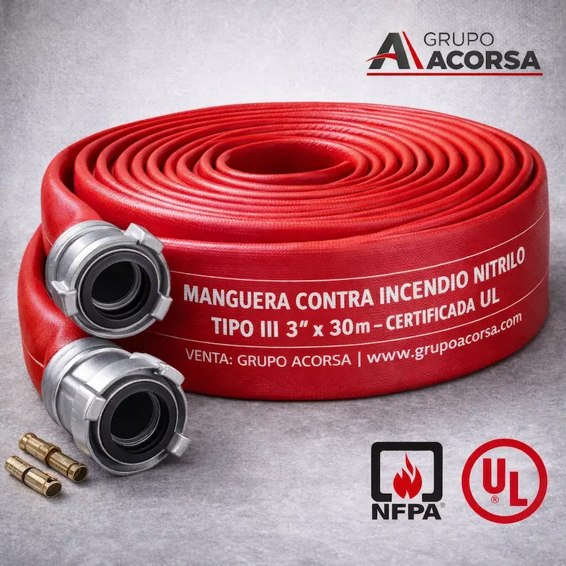 Manguera contra incendio nitrilo rojo Tipo III 3 pulgadas x 30 metros certificada UL – Grupo Acorsa