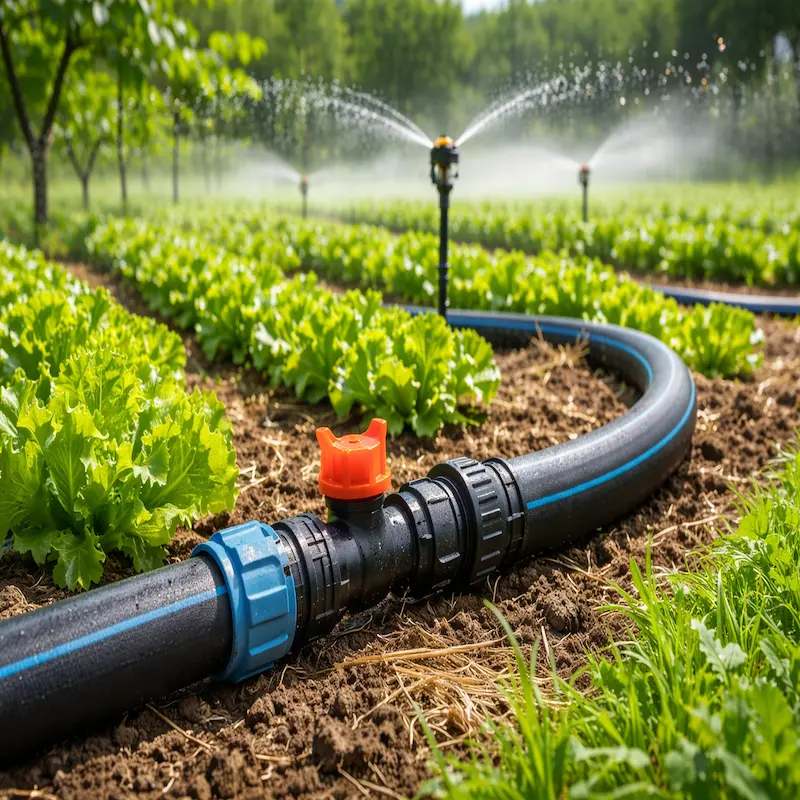 Manguera de polietileno con accesorios en sistema de riego agrícola en Perú