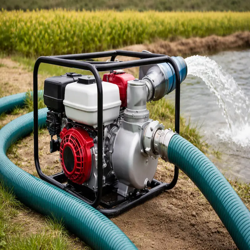 Sistema de motobomba con manguera de succion PVC reforzada utilizada para bombeo de agua en agricultura, minería y aplicaciones industriales.