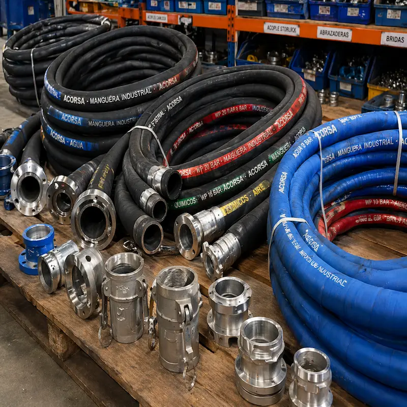 Mangueras industriales en Perú con conexiones metálicas para minería y construcción