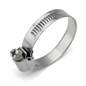 Abrazadera W1 de banda con tornillo en acero galvanizado con sistema de ajuste reforzado para fijación segura de mangueras y tuberías industriales.