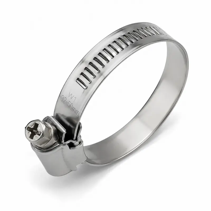 Abrazadera W1 de banda con tornillo en acero galvanizado con sistema de ajuste reforzado para fijación segura de mangueras y tuberías industriales.