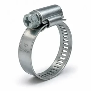 Abrazadera W1 industrial de acero galvanizado con banda perforada y tornillo de ajuste reforzado para fijación segura de mangueras y tuberías hidráulicas.