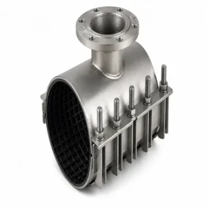 Abrazadera SS304/316 PN6/25 de acero inoxidable con salida bridada, pernos reforzados e interior de sellado para montaje y reparación de tuberías industriales.