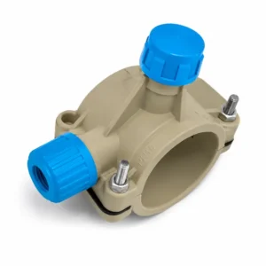 Abrazadera toma en carga PP-R PN16 color beige con perforador, obturador y tapas azules para derivaciones seguras en tuberías hidráulicas y redes de agua a presión.