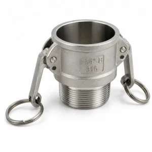 Acople rápido tipo Camlock macho de acero inoxidable con rosca externa y palancas de seguridad, ideal para conexiones industriales de mangueras y transferencia de fluidos