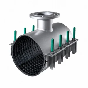 Abrazadera rápida con salida brida de acero industrial con interior reforzado y pernos de ajuste para conexiones en tuberías hidráulicas y sistemas de conducción de agua.