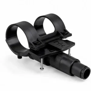 Abrazadera toma en carga HDPE SDR11 PE100 PN16 de electrofusión color negro con doble soporte y salida inferior para derivaciones en tuberías hidráulicas de alta presión.