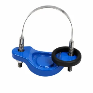 Abrazadera de fierro dúctil ciega para tuberías industriales con acabado azul anticorrosivo, banda metálica de ajuste y empaque de sellado hermético.
