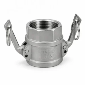 Conector rápido Camlock inoxidable tipo D con sistema de cierre de seguridad para transferencia de fluidos industriales.