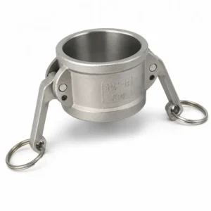 Acople rápido tipo Camlock DC de acero inoxidable con sistema de cierre de seguridad, ideal para conexiones industriales de mangueras y transferencia de fluidos