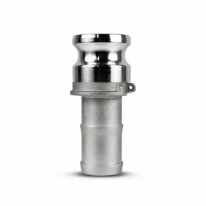 Acople rápido tipo Camlock tipo E de acero inoxidable con espiga para manguera, ideal para conexiones industriales y transferencia segura de fluidos.