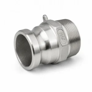 Acople rápido tipo Camlock tipo F de acero inoxidable con rosca macho, diseñado para conexiones industriales seguras y transferencia eficiente de fluidos