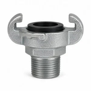 Acople garra macho para manguera industrial, conexión rápida metálica con rosca macho para aire comprimido, agua y transferencia de fluidos en aplicaciones industriales y neumáticas.