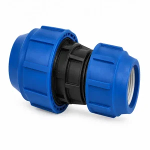 Acople reductor PP por compresión para conexión de tuberías de polietileno, accesorio hidráulico de polipropileno para unir diferentes diámetros en sistemas de agua, riego e instalaciones industriales.