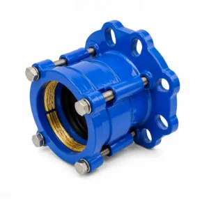 Adaptador acerrojado para tubería de polietileno PEAD con conexión bridada de hierro dúctil color azul para sistemas hidráulicos industriales y redes de agua a presión