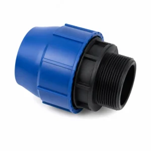 Adaptador macho PP por compresión rosca para tuberías de polietileno, conexión de polipropileno de alta resistencia para sistemas hidráulicos, redes de agua, riego agrícola y aplicaciones industriales