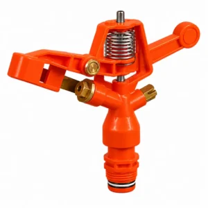 Aspersor de plástico circular naranja para sistema de riego agrícola y jardinería, diseñado para distribución uniforme de agua con alta resistencia y eficiente cobertura de aspersión.