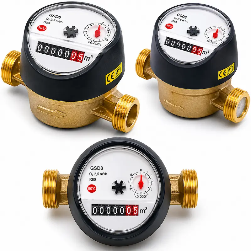 Medidor de agua BMeters chorro único con cuerpo resistente y conexiones roscadas, diseñado para medición precisa del consumo de agua en aplicaciones residenciales e industriales.