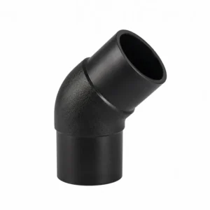 Codo 45° termofusión HDPE de alta resistencia para sistemas de tuberías PEAD, ideal para conducción de agua y fluidos en aplicaciones industriales y redes hidráulicas.
