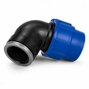 Codo 90° PP PN10 rosca hembra de polipropileno para conexiones de tuberías de agua y sistemas hidráulicos industriales.