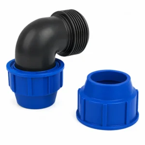 Codo 90° PP por compresión para sistemas de tuberías, accesorio de polipropileno de alta resistencia diseñado para conexiones seguras, herméticas y eficientes en redes de agua, riego, minería y aplicaciones hidráulicas industriales.