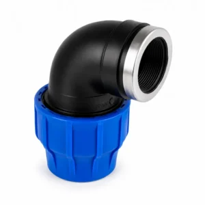 Codo 90° PP por compresión rosca hembra para tubería HDPE en polipropileno de alta resistencia. Conexión hidráulica industrial color negro y azul con rosca interna metálica para sistemas de agua y presión.