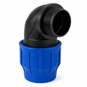 Codo 90° PP por compresión rosca macho para tubería HDPE en polipropileno de alta resistencia, diseñado para conexiones hidráulicas seguras en sistemas de agua y presión, con unión de compresión color azul y rosca macho industrial color negro.