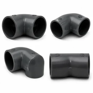 Codo 90° PVC PN10/16 embone para sistemas de tuberías hidráulicas y conducción de agua a presión, fabricado en PVC de alta resistencia con unión tipo embone, ideal para instalaciones sanitarias, industriales y de construcción.