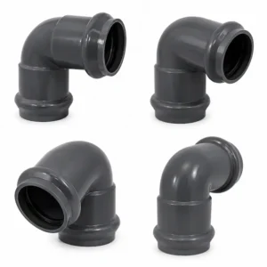 Codo 90° PVC UF para sistemas de tuberías de desagüe y evacuación sanitaria, fabricado en PVC de alta resistencia con unión flexible tipo UF, ideal para instalaciones hidráulicas, sanitarias y conducción eficiente de fluidos.