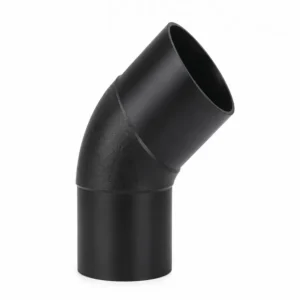 Codo HDPE electrofusión 45° fabricado en polietileno de alta densidad PE100, diseñado para realizar cambios de dirección de 45 grados en sistemas de tuberías de agua, gas y aplicaciones industriales, proporcionando uniones seguras, herméticas y de alta resistencia a la corrosión, presión y agentes químicos.
